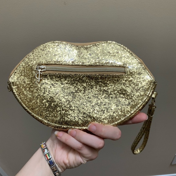 Y2K Vintage JUICY COUTURE Glitter Sparkly Shiny Gold Lips Wristlet Bag Women’s - Picture 11 of 16